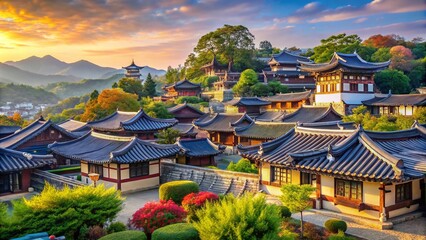 Obraz premium Eunpyeong Hanok Village Landscape: Scenic Neo-Hanok Architecture Surrounded by Seoul's Majestic Hills and Mountains