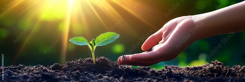 Poster a hand holding a small sapling against a backdrop of sunlight symbolizing hope for growth and new be