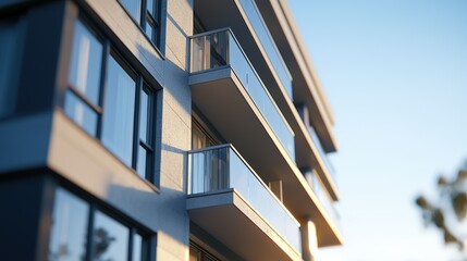 Obraz premium Modern apartment building with balconies against a clear blue sky.