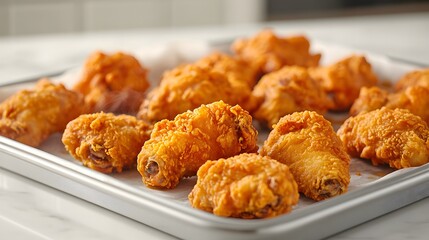 Close-up of crispy golden chicken wings in a silver serving tray with parchment lining on a white marble countertop, featuring steam, soft lighting, and an appetizing gourmet presentation.