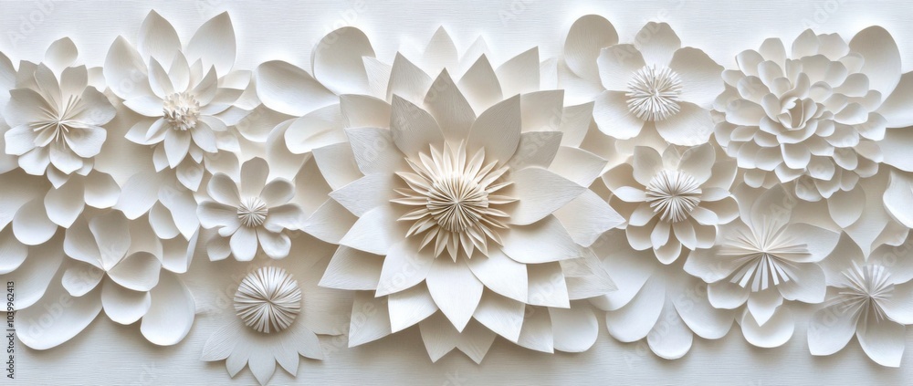 Poster symmetrical arrangement of white paper flowers with unique shapes and sizes on a solid color backgro