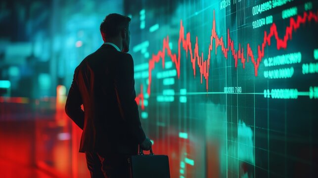 A businessperson observes financial data on a digital screen, showcasing market trends with red and green graphics in a modern, tech-savvy environment.