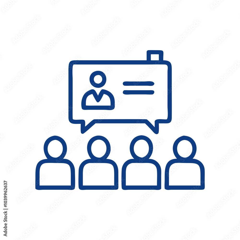 Poster lecture hall illustration featuring a presenter and audience interaction with speech bubbles