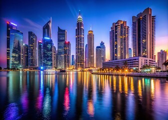 Obraz premium Evening Views of Dubai Marina at Dusk - Stunning 4K Quality Footage of Iconic Skyscrapers and Reflections on