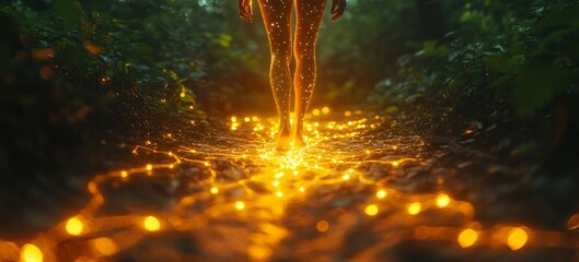 Closeup of someone standing barefoot a forest path surrounded by glowing energy lines to emphasize grounding and the natural connection between human biology and earth elements