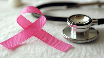 Pink ribbon symbolizing breast cancer awareness beside a stethoscope.