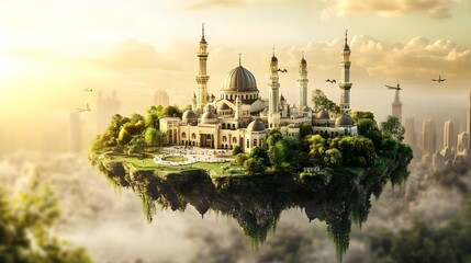 Naklejka premium 3d fantasy floating Mecca Kaba surface with Masjid al-Haram illustration of flying land with beautiful land scape. World landmark and historical place, tour guide for traveling agency