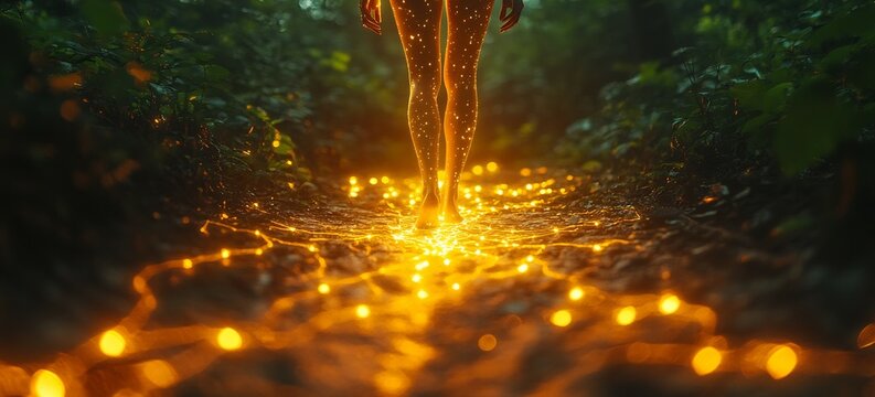 Closeup of someone standing barefoot a forest path surrounded by glowing energy lines to emphasize grounding and the natural connection between human biology and earth elements