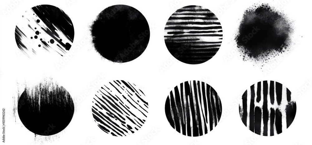 Aufkleber nine unique black and white circular designs with various patterns and textures