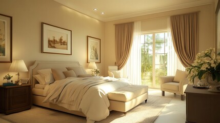 charming bedroom design with elegant decor, showcasing a calm and inviting atmosphere. soft color palettes and stylish furnishings create a serene retreat for relaxation