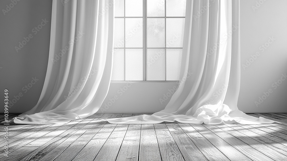 Poster empty room with shade from window shadow light and white curtains. minimal interior with concrete wa