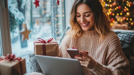 Woman enjoying holiday gifts and technology by a snowy window.