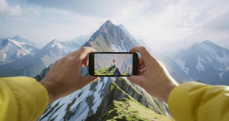 A Person Taking A Picture Of A Mountain With A Phone Camera Mountain Time-lapse Photography Augmented Reality - Powered by Adobe