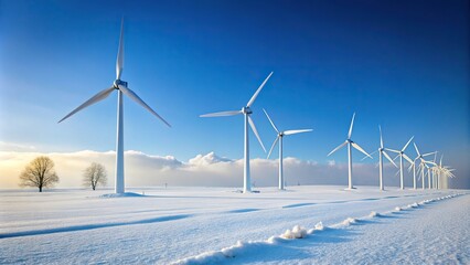 Close-up view of white wind turbines in a snowy winter field