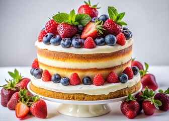 Exquisite Double Exposure of White Cake and Fresh Berries for Delicious Dessert Photography