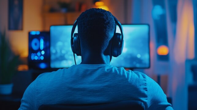 Playing online video games on a high-end computer while wearing headphones is a common sight in home gaming. A fashionable black male gamer is having fun in an online multiplayer PvP strategy arcade.