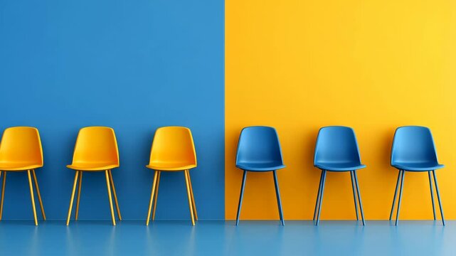 Modern Minimalistic Design with Blue and Yellow Chairs on Vibrant Colored Background, Versatile Seating Arrangement for Contemporary Decor, Suitable for Office, Home, or Event Spaces, 8k Wallpaper.