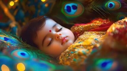 charming sleeping baby krishna nestled among colorful peacock feathers, surrounded by a serene, mystical light. traditional indian motifs adorn the background, creating a festive atmosphere