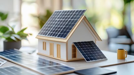 A model of a house with solar panels on the roof