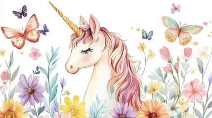 charming unicorn surrounded by colorful flowers and butterflies, beautifully illustrated in watercolor style, embodying whimsy and enchantment against a white background
