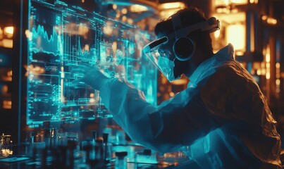 science doctor in metaverse researching and working on futuristic 3d digital screen. Future, innovation and researcher in vr headset busy in a laboratory with medical