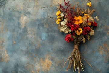 rustic floral decor, dried autumn bouquet elegantly hangs against textured wall, enhancing rustic, cozy vibe