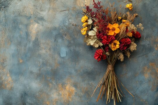 rustic floral decor, dried autumn bouquet elegantly hangs against textured wall, enhancing rustic, cozy vibe