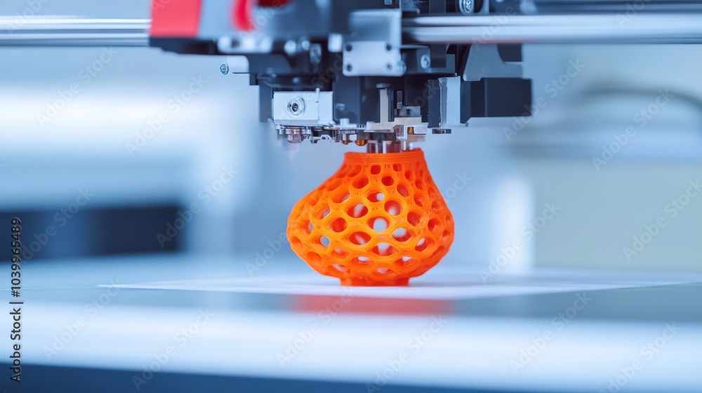 Poster A precision 3D printer in action with a detailed model being printed, clean and minimal setup, Innovative style