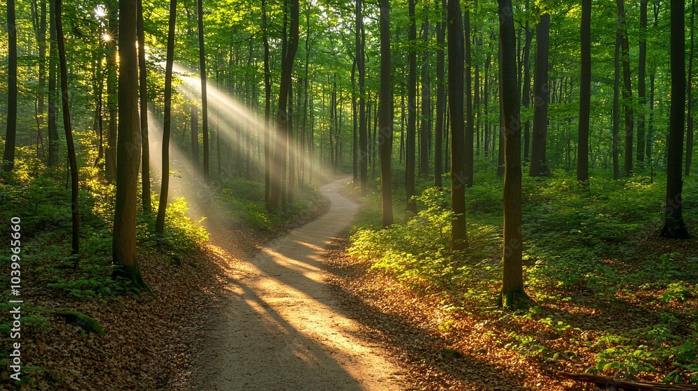 Poster A person hiking through a forest with sunlight streaming through the trees symbolizing a journey filled with hope Stock Photo with side copy space