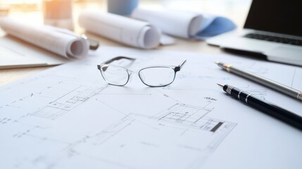 Glasses on architectural blueprints with pens and a laptop.