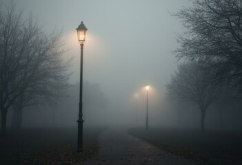 Vintage Lampposts Illuminating Foggy Park Pathway