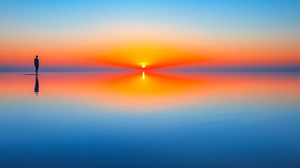 A person gazing at the horizon during sunrise with a peaceful expression symbolizing new beginnings and hope Stock Photo with side copy space