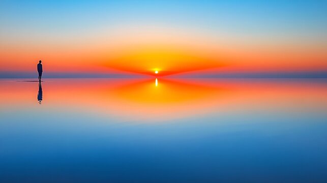 A person gazing at the horizon during sunrise with a peaceful expression symbolizing new beginnings and hope Stock Photo with side copy space