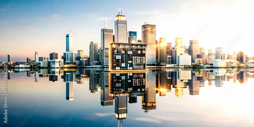 Poster macro view microchip cityscape reflection ai impact urban business environments close up image micro