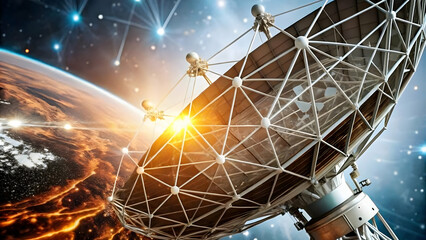 Close Up Satellite Dish Starry Sky Macro Shot Data Lines Connections Global Network Photo Stock Concept Ample Copy Space Focused Satellite Communication Technology