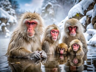 Naklejka premium Family of Japanese Macaques Relaxing in Jigokudani Hot Springs Amidst Snowy Landscape