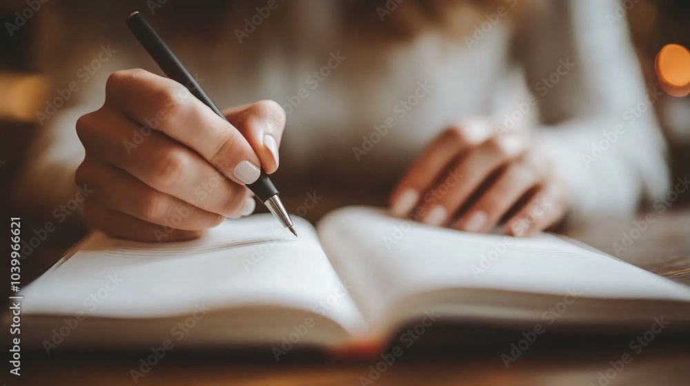 Poster a close-up of a person writing in a journal with inspiring thoughts symbolizing a hopeful mindset an