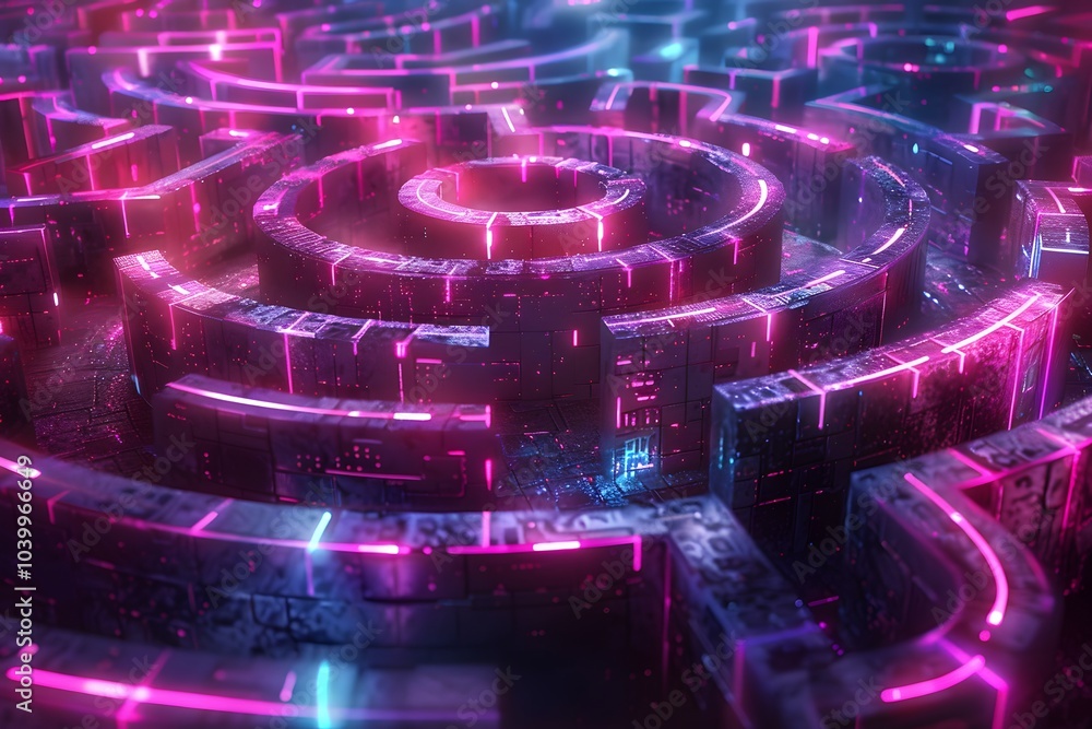 Poster futuristic neon labyrinth with glowing pathways and intricate design