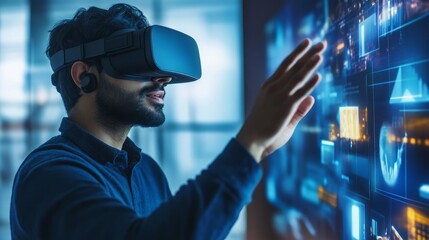 Indian man at a modern office using a virtual reality headset to engage with a virtual interface. innovation, workspace, virtual reality, business, and interaction