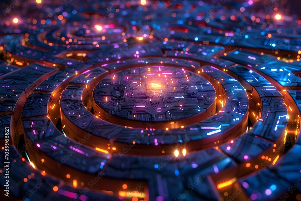 Poster mesmerizing abstract circuitry with vibrant lights and spiraling patterns