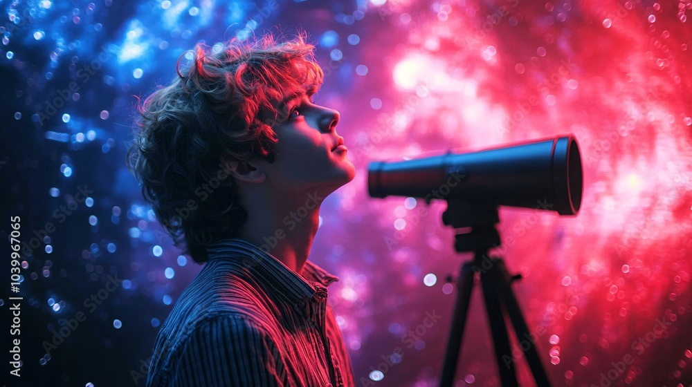 Poster a young person looking through a telescope with an expression of wonder symbolizing future aspiratio