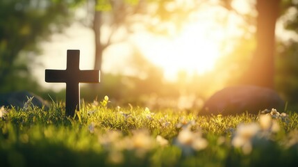 christian cross silhouette on a grassy field illuminated by the soft glow of sunrise, evoking a sense of peace and spirituality in a serene natural setting