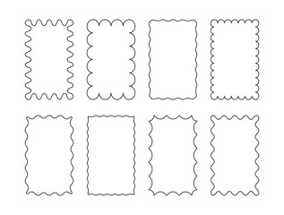 Rectangular shapes with uneven, wavy edges. Tags, labels, stamps, crackers, and coupons, featuring rectangle boxes with curvy, squiggly, or wavy edges.	