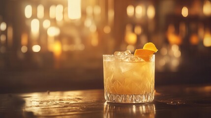 cinematically lit vintage cocktail garnished with orange peel, beautifully presented on a dark wooden bar, surrounded by a bokeh of softly glowing bottles