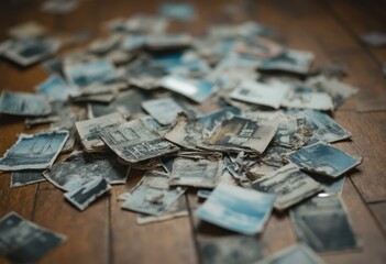 Naklejka premium Assorted Old Photographs on Wooden Surface