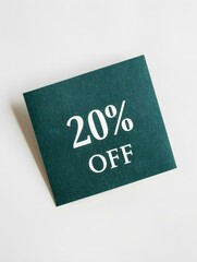 White '20% OFF' Text on a Dark Green Square Paper Note. White Background 