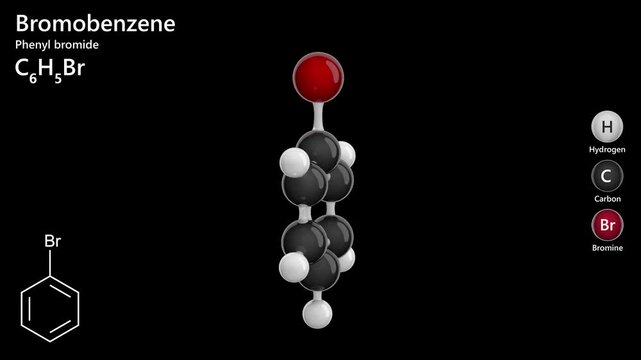 Bromobenzene or phenyl bromide. Animated 3D model of a molecule. Molecular formula: C6H5Br. Chemical model: Ball and sticks. Black background. 3D rendering. Seamless loop.