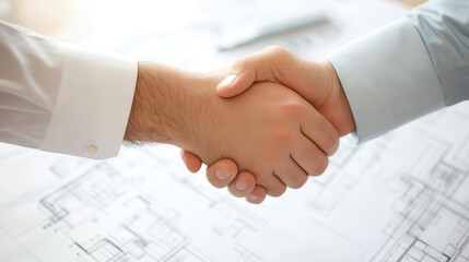 client and contractor sealing a deal with a firm handshake, surrounded by blueprints of a house renovation, symbolizing collaboration and trust in a professional setting