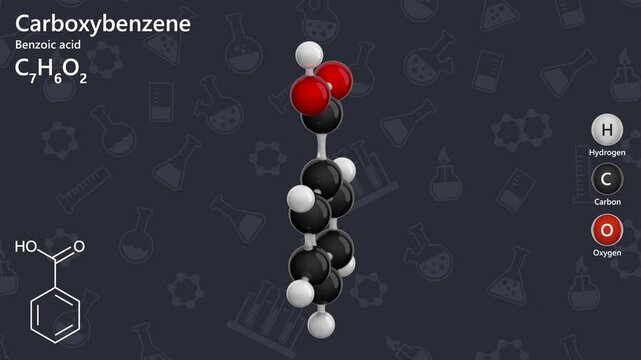 Carboxybenzene or benzoic acid. Animated 3D model of a molecule. Molecular formula: C7H6O2. Chemical model: Ball and stick. Dark background. 3D rendering. Seamless loop.