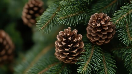 close-up imagery showcasing green pine cones and resilient branches, embodying the essence of renewal and life, emphasizing intricate details against a soft, natural background